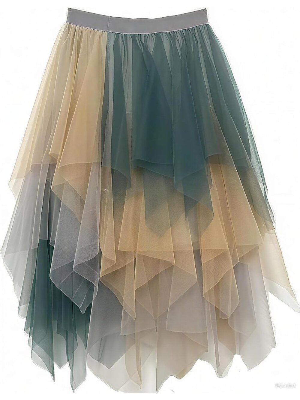 Womens Muti-Color High Waist Layered Tulle Mesh Ruffle Asymmetric Hem Midi Skirt